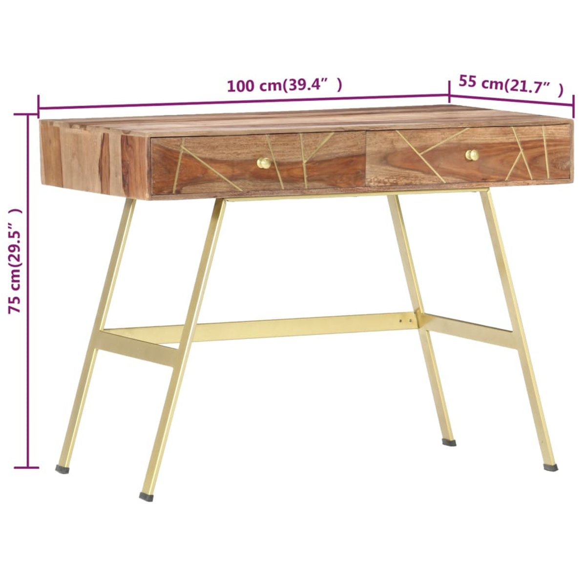 Holzschreibtisch mit goldenen Beinen und Schubladenakzenten. Hintergrund: Licht.