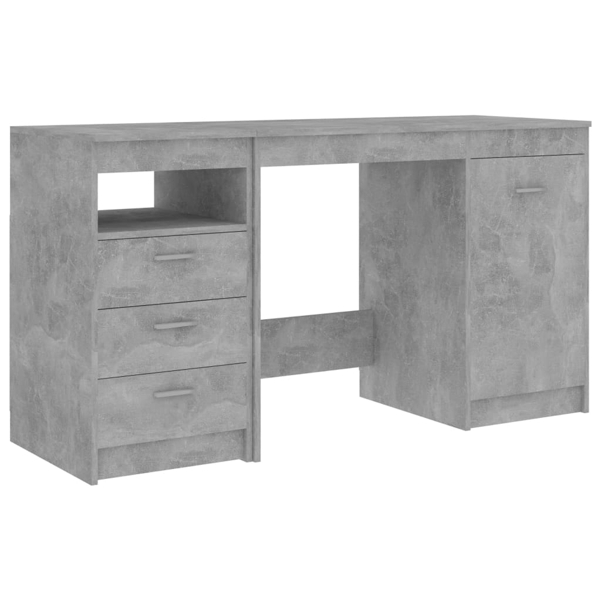 Grauer Schreibtisch mit drei Schubladen, Freiraum für einen Stuhl und einem Schrank.