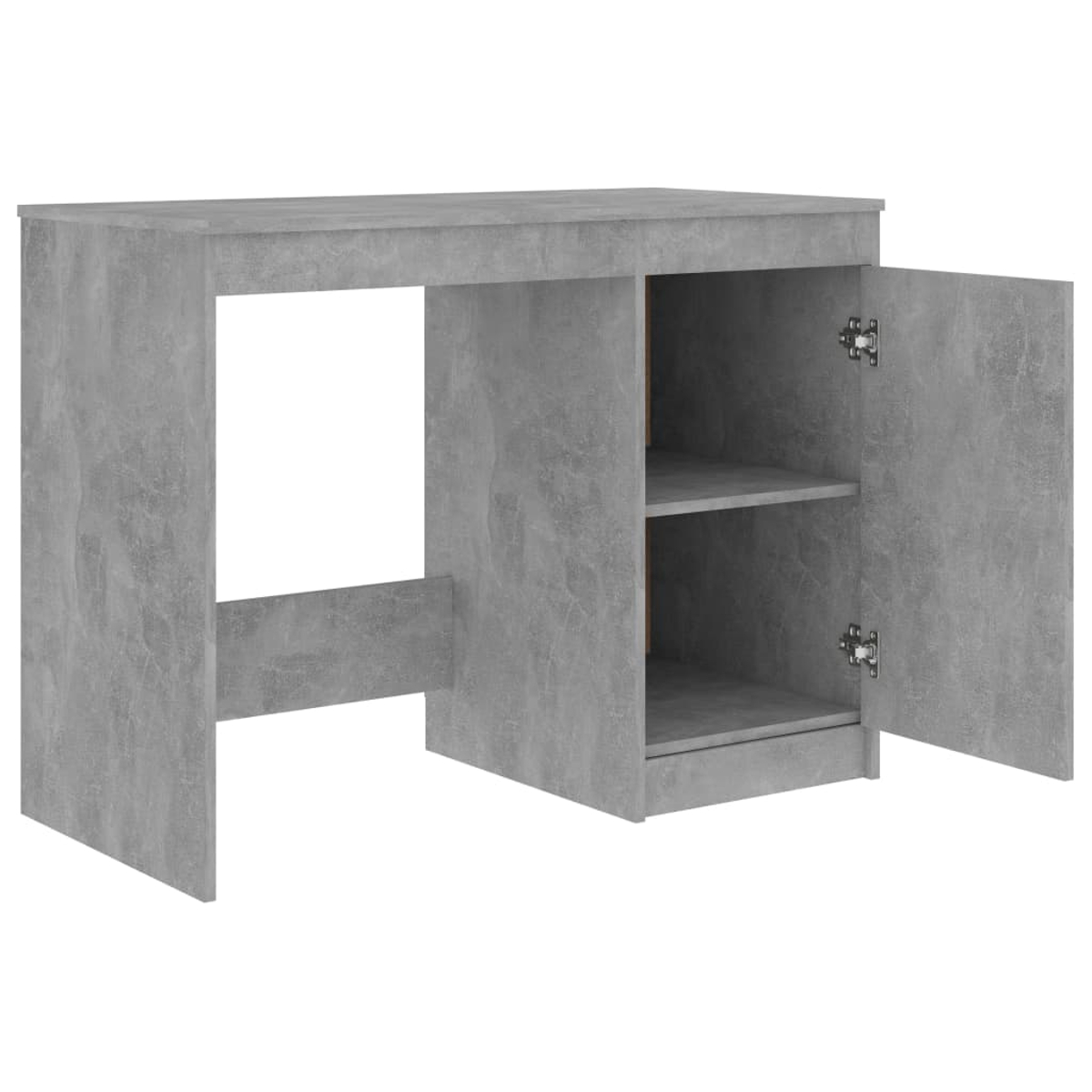 Grauer Schreibtisch mit offenem Schrank. Hintergrund: Weiß.
