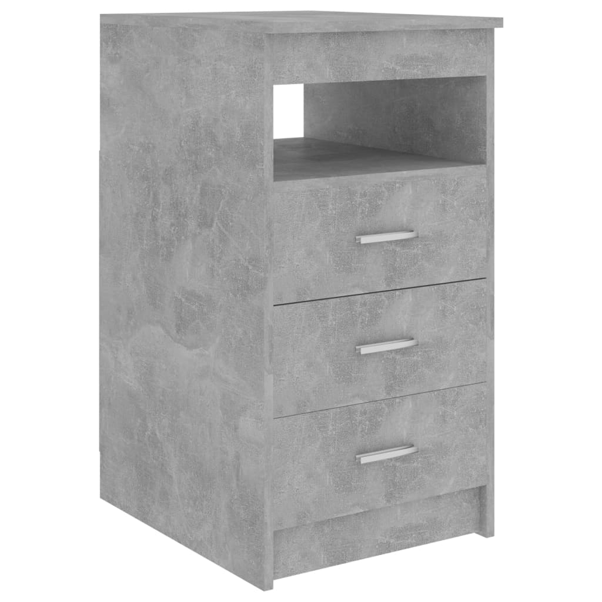Ein grauer Schrank mit drei Schubladen und einem offenen Regal.