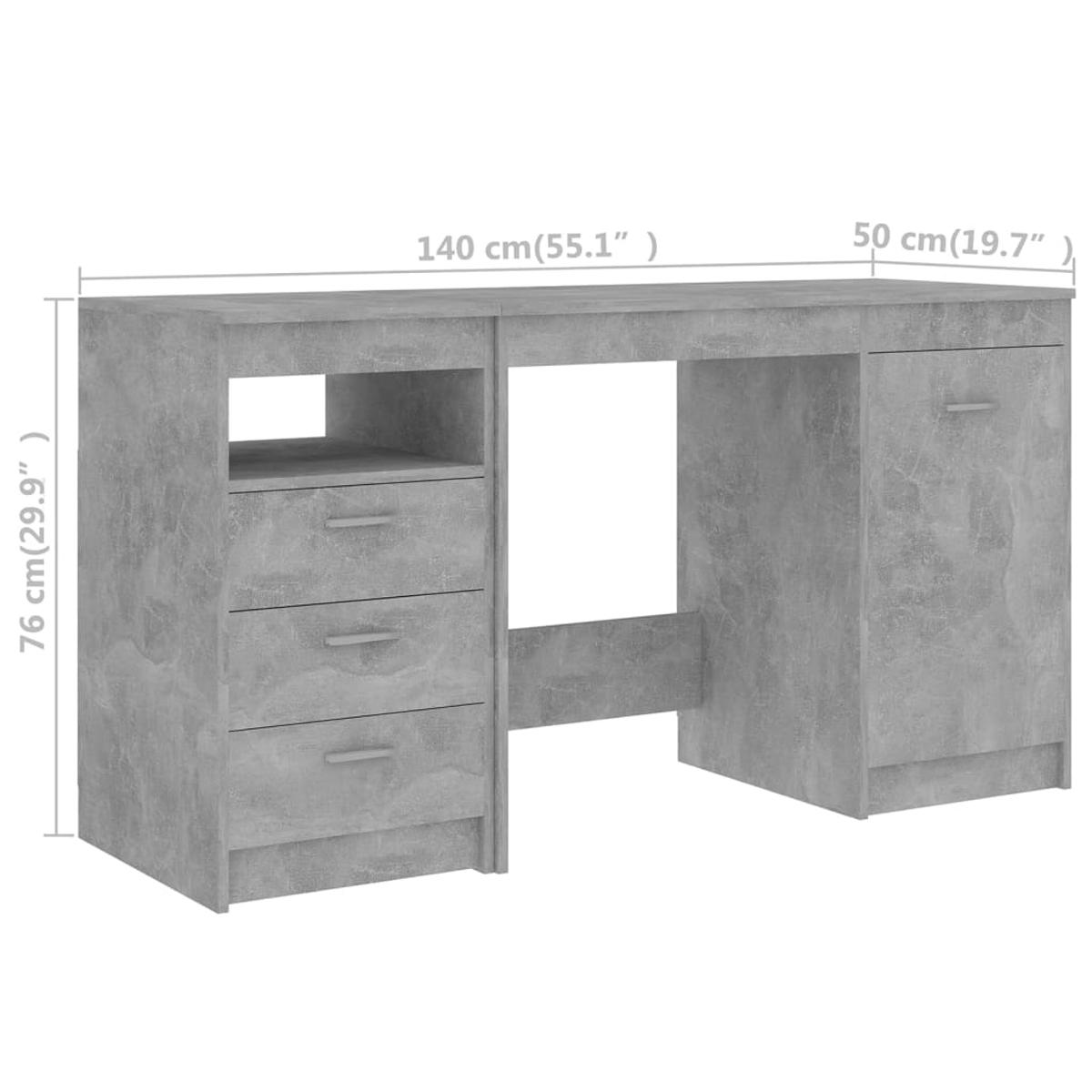 Grauer Schreibtisch mit Schubladen und Schrank. Hintergrund: Weiß.