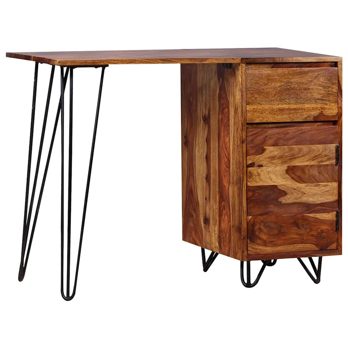 Holzschreibtisch mit schwarzen Haarnadelbeinen und einem Schrank mit Schubladen.