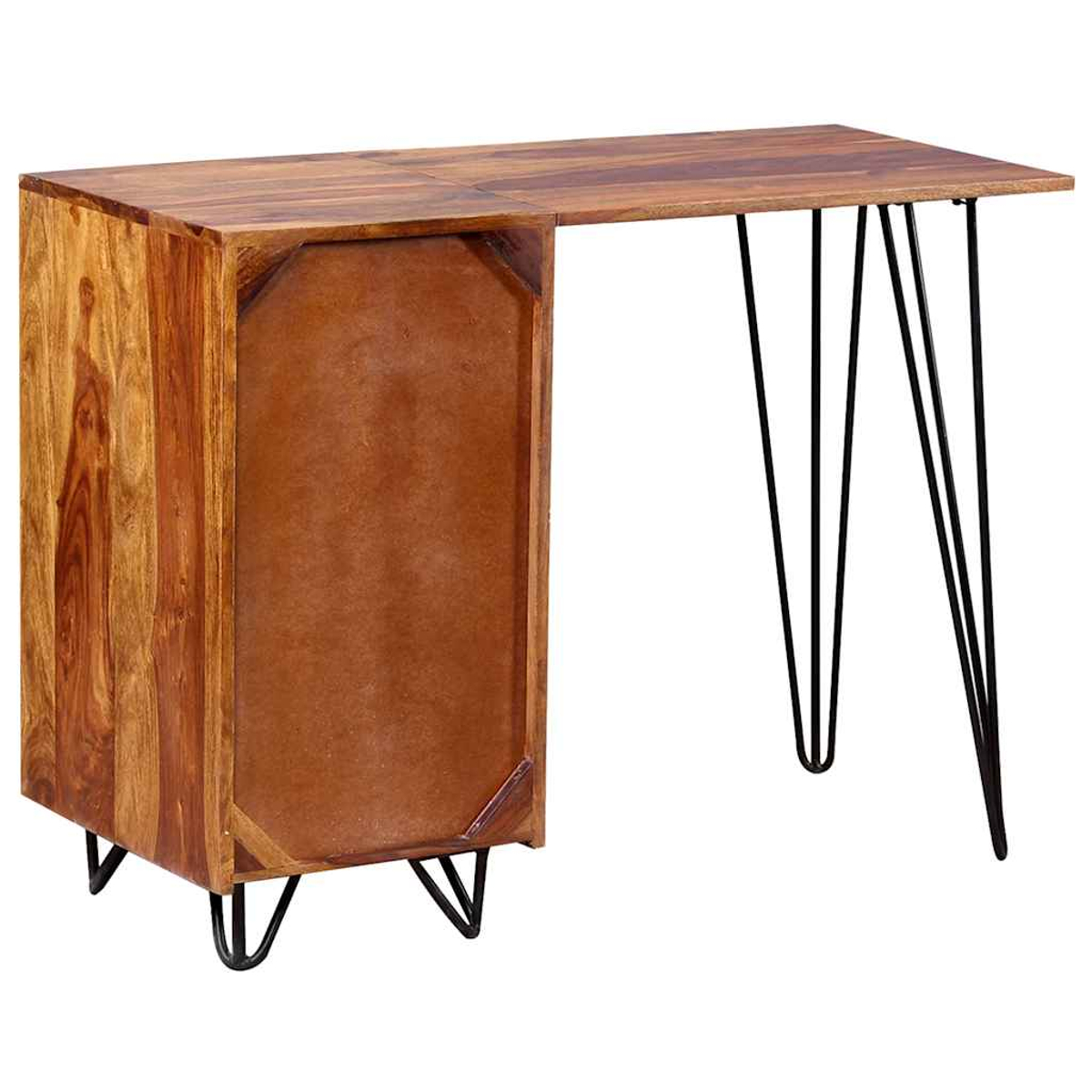 Holzschreibtisch mit Schublade und Beinen. Der Schreibtisch hat links eine Schublade und rechts Metallbeine.
