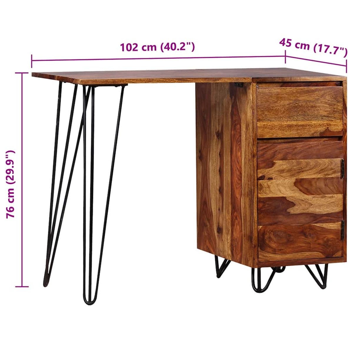 Holzschreibtisch mit Maßen. Merkmale umfassen Schubladeneinheit, schwarze Metallbeine und rechteckige Platte.