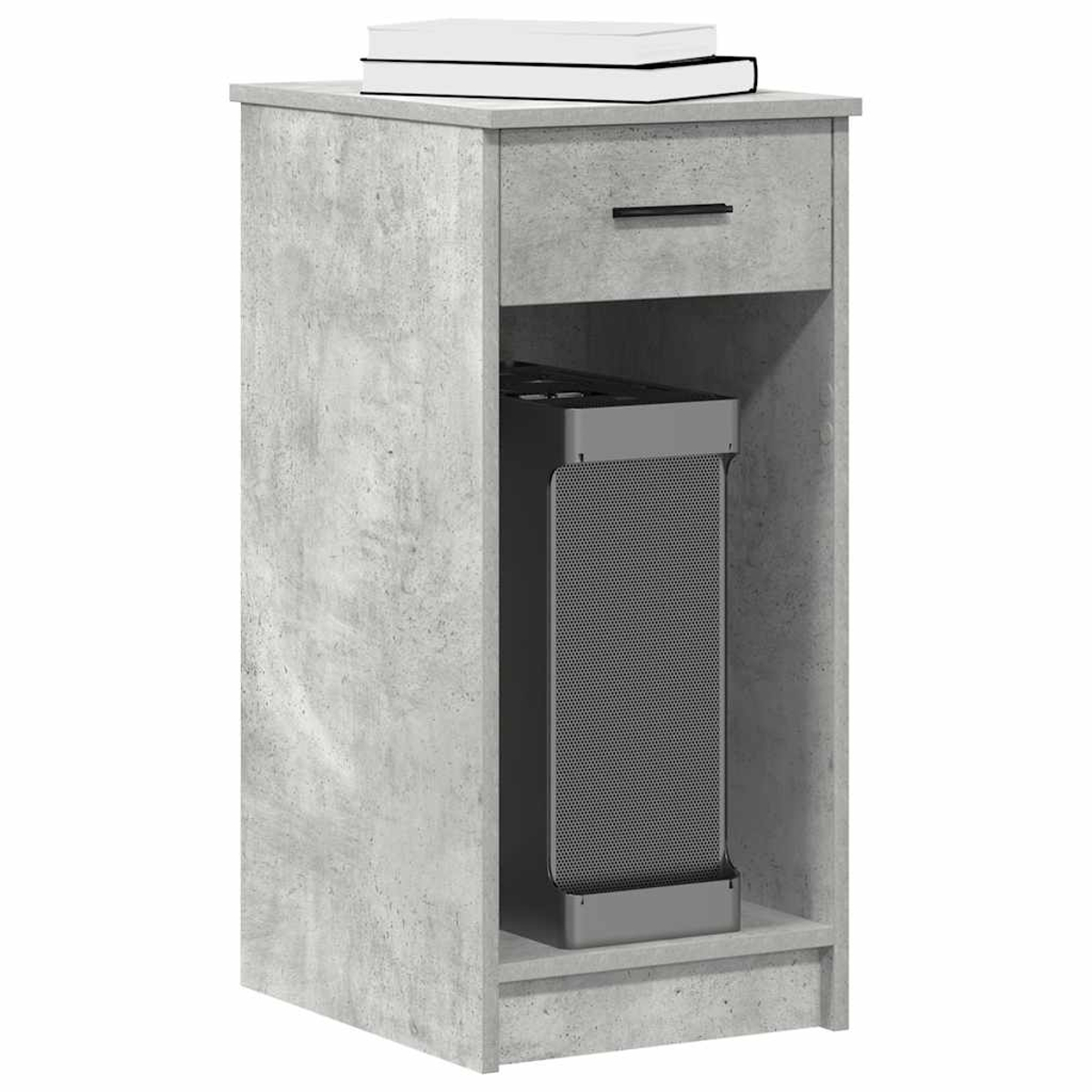Grau betonartig strukturierter Schrank mit Schublade. Bücher oben, Heizung in der Öffnung.