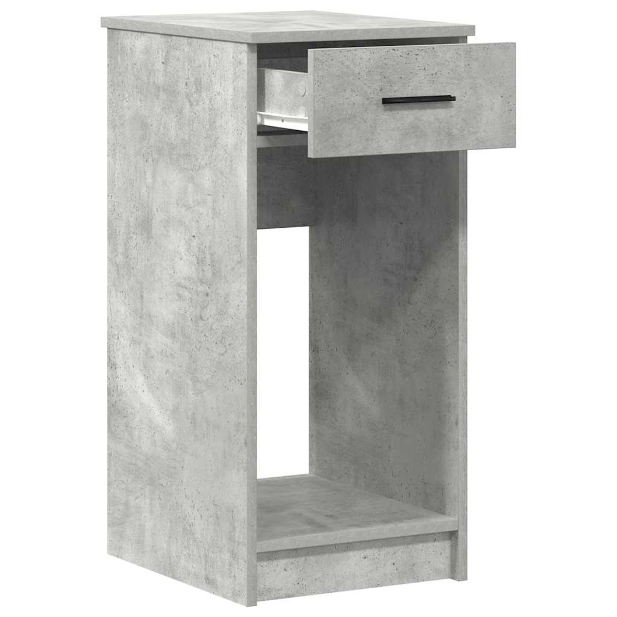 Grau betonartig strukturierter Schrank mit Schublade. Die Schublade ist geöffnet. Hat ein unteres offenes Regal.