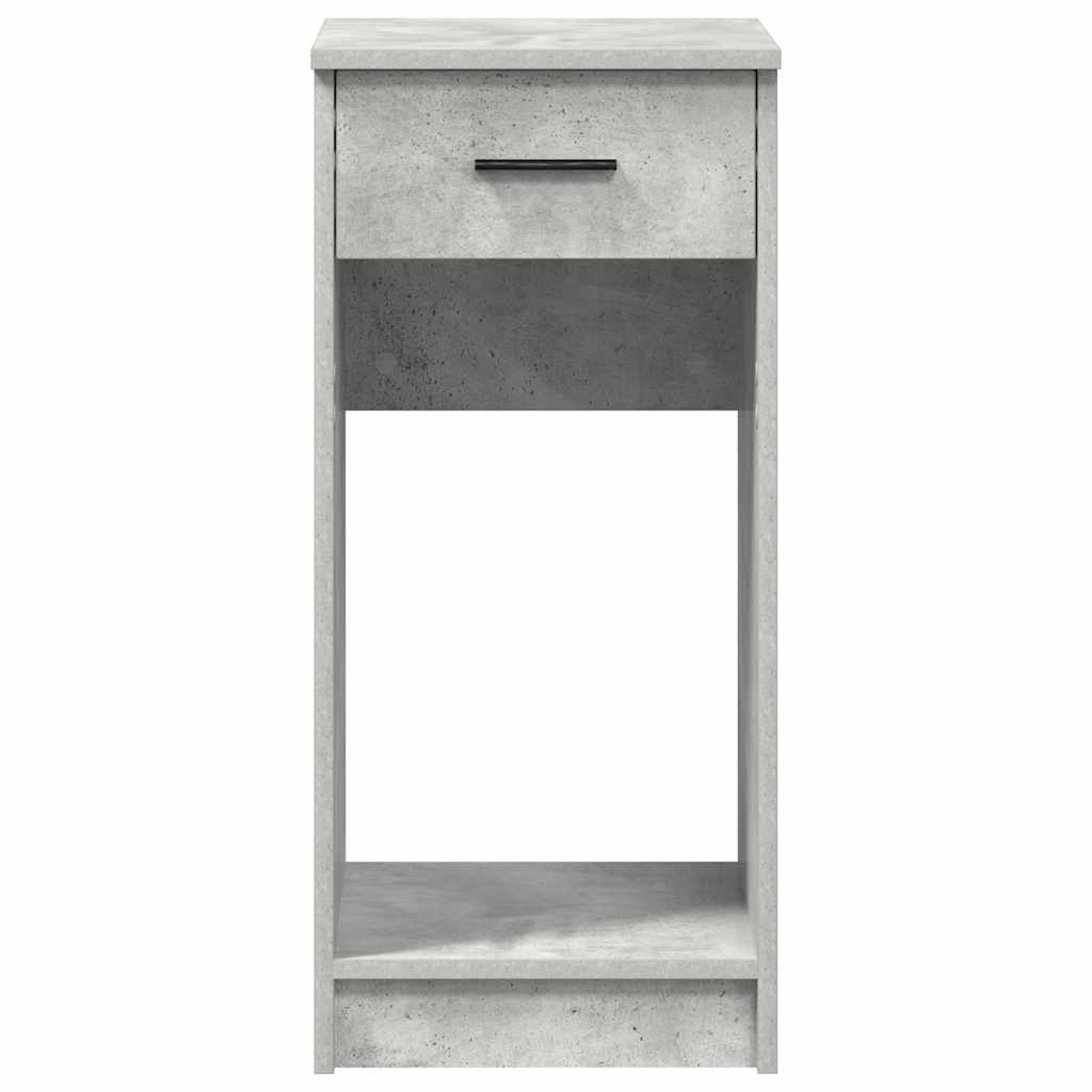 Grau betonartig strukturierter Schrank mit Schublade und dunkelgrauem Streifen. Hat einen offenen Bereich.