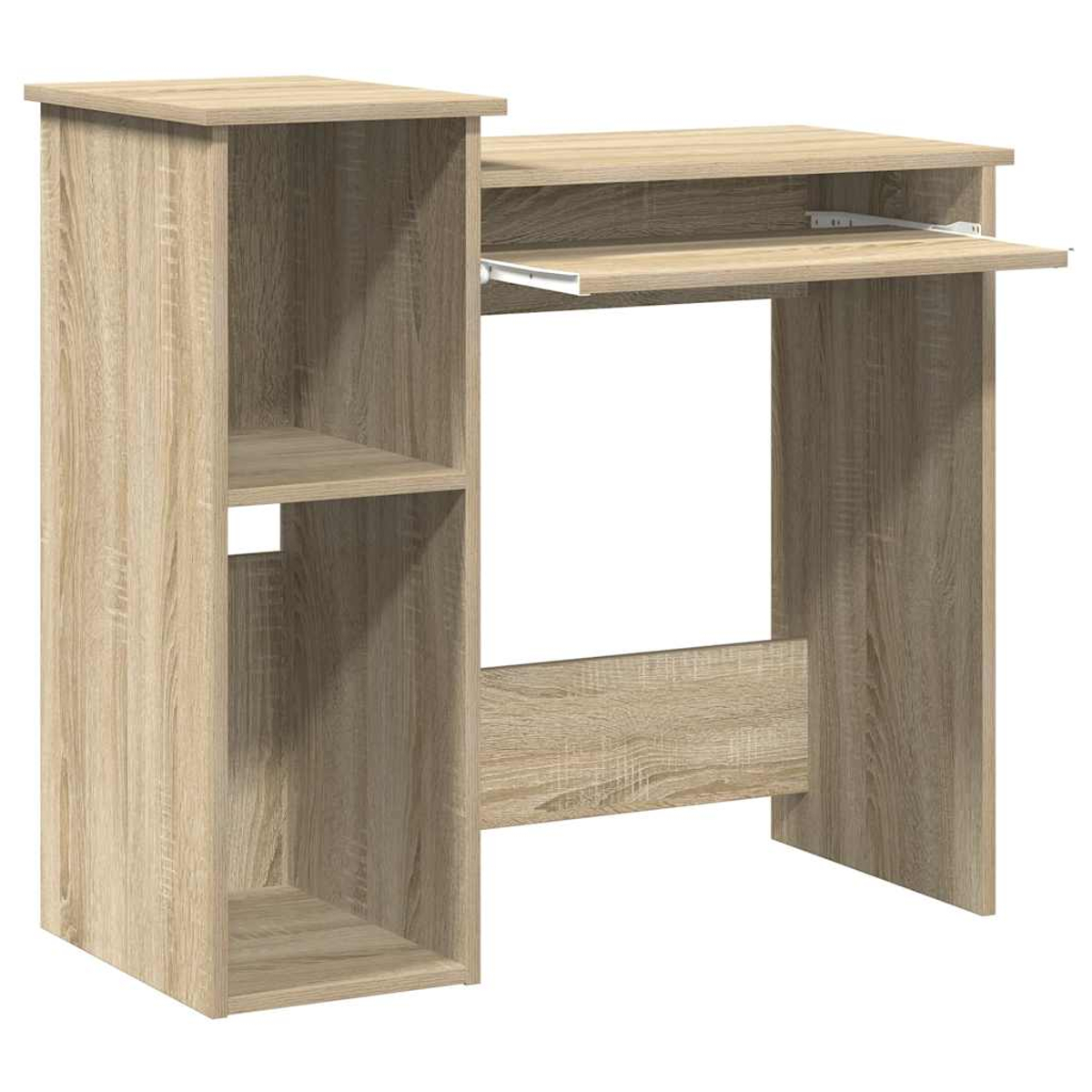 Heller Holzschreibtisch mit Regalen und Tastaturablage. Funktionales und kompaktes Design.