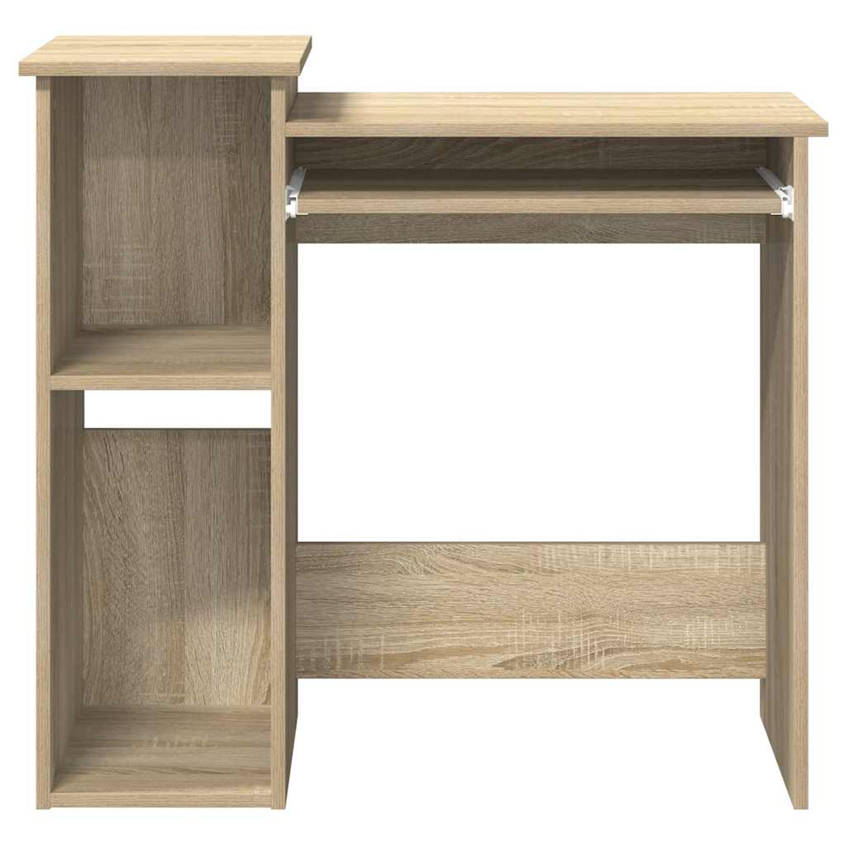 Ein heller Holzschreibtisch mit Tastaturablage und seitlichem Stauraum. Das Design ist einfach.