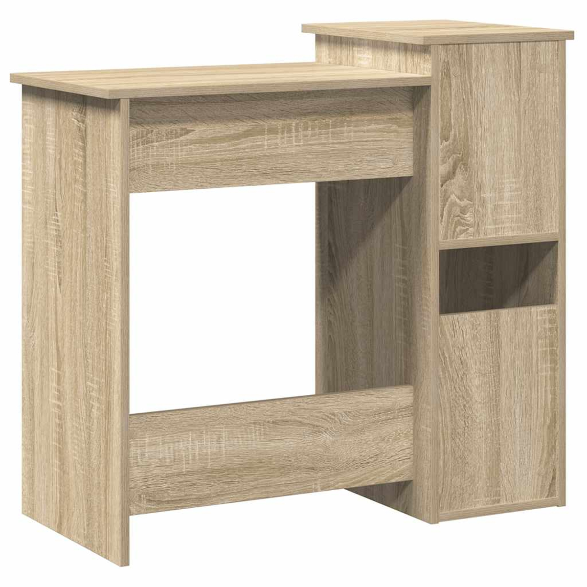 Holzschreibtisch mit seitlichem Schrank und offenem Raum. Schreibtisch hat eine helle Holzoberfläche.
