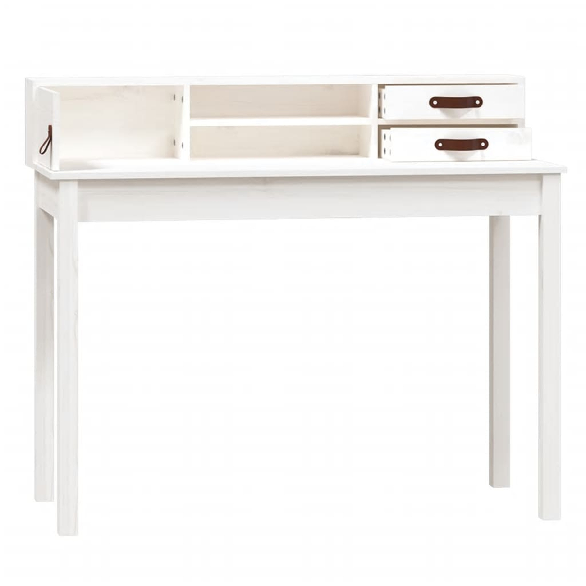Weißer Schreibtisch mit Schubladen und Schrank. Der Schreibtisch hat braune Griffe.