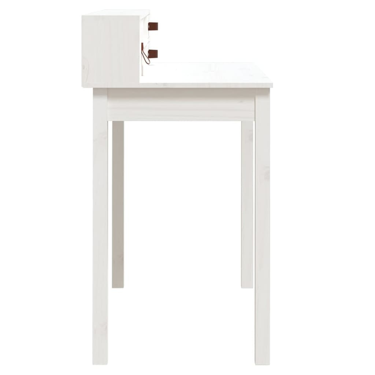 Weißer Schreibtisch, Seitenansicht, mit Schrank und Schubladen. Brauner Griff sichtbar.
