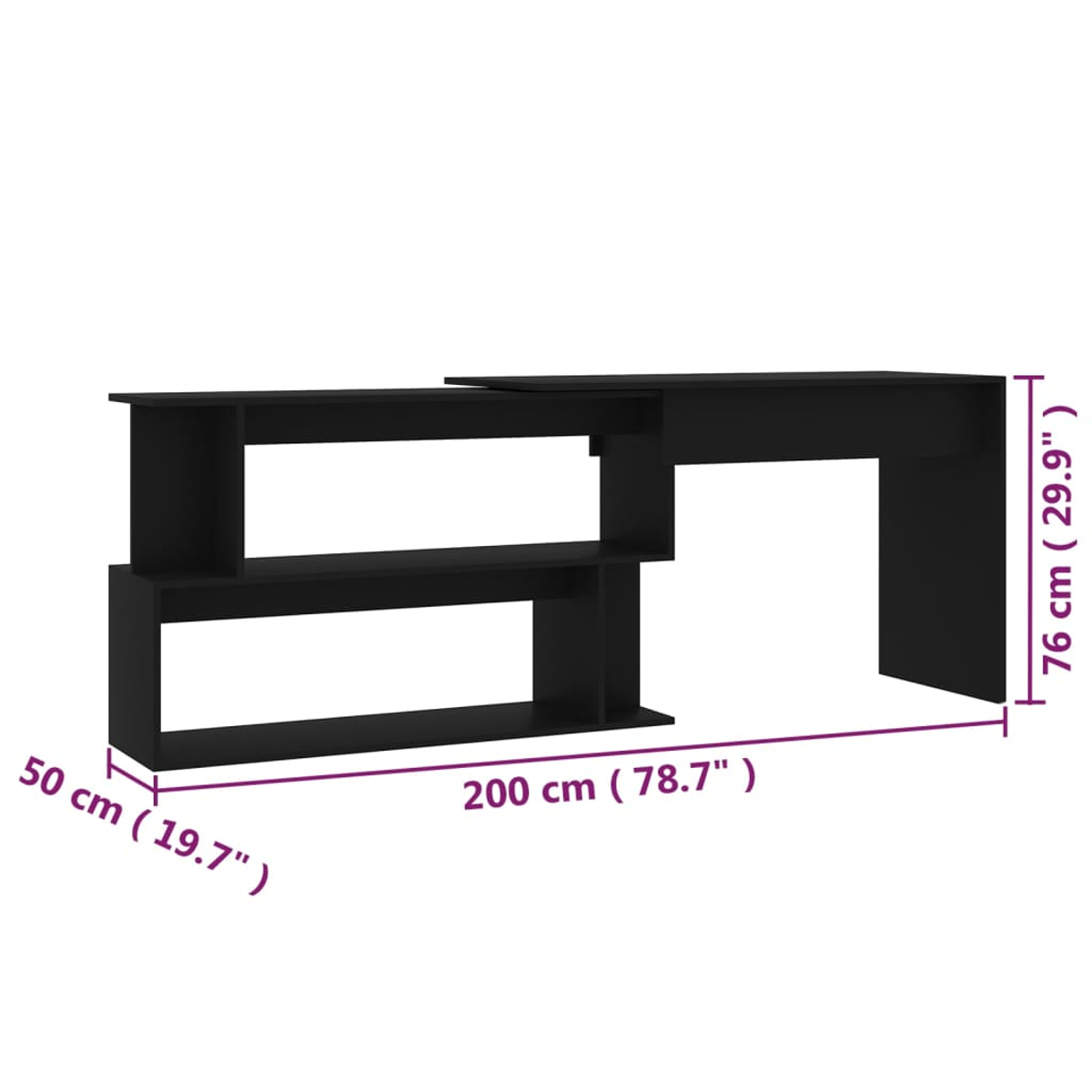 Schwarzer Schreibtisch mit Regalen, modernes Design, schlank und lang.