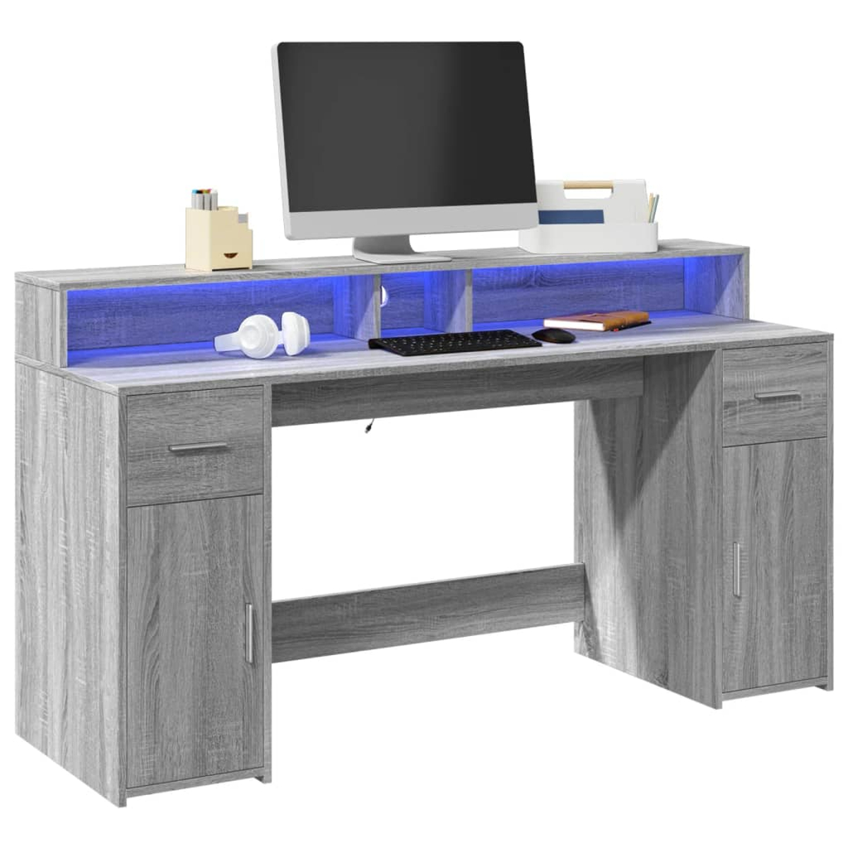 Grauer Holzschreibtisch mit Computer, Schubladen und Schränken. Ein Lichtband oben drauf.