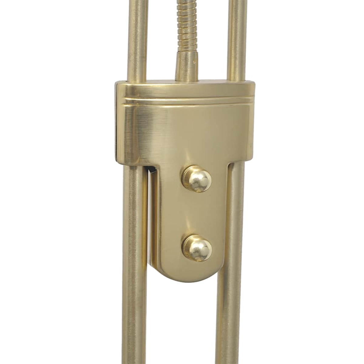 Nahaufnahme eines Teils der goldenen Stehlampe, der den Verstellmechanismus zeigt. Weißer Hintergrund.