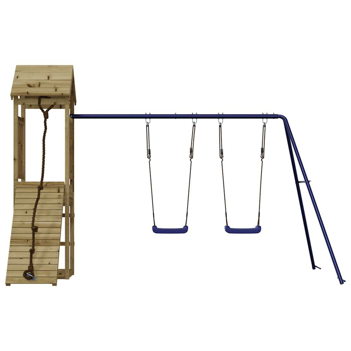 Holzspielhaus mit Rutsche und Schaukeln; blaue Schaukelsitze und -rahmen.