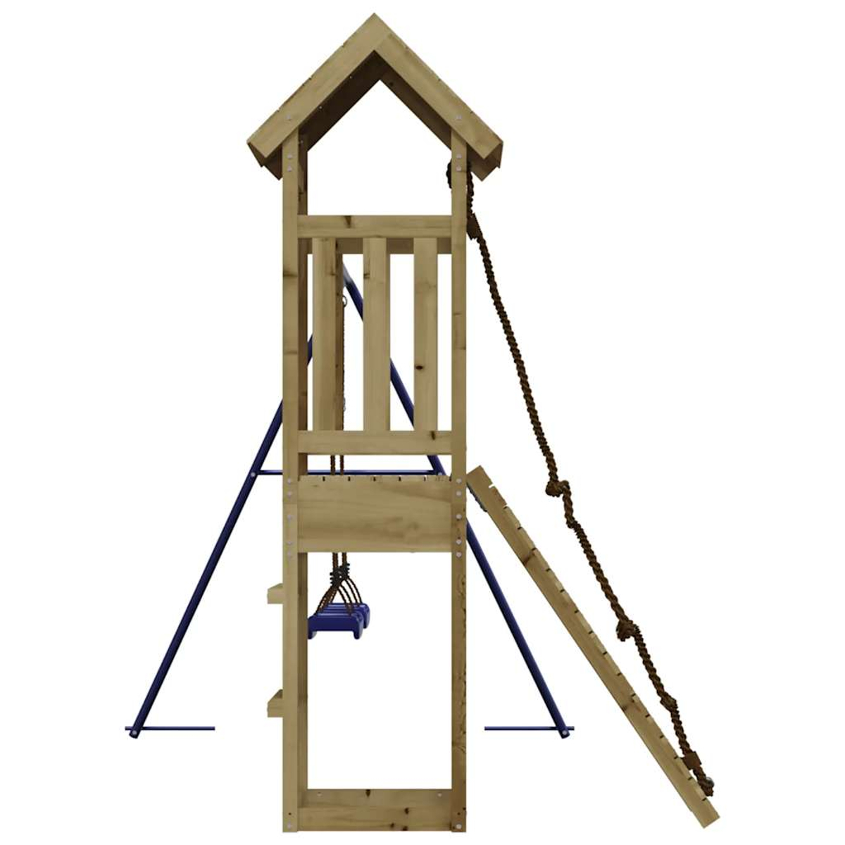 Holzspielturm mit Strickleiter und Rutsche vor weißem Hintergrund.