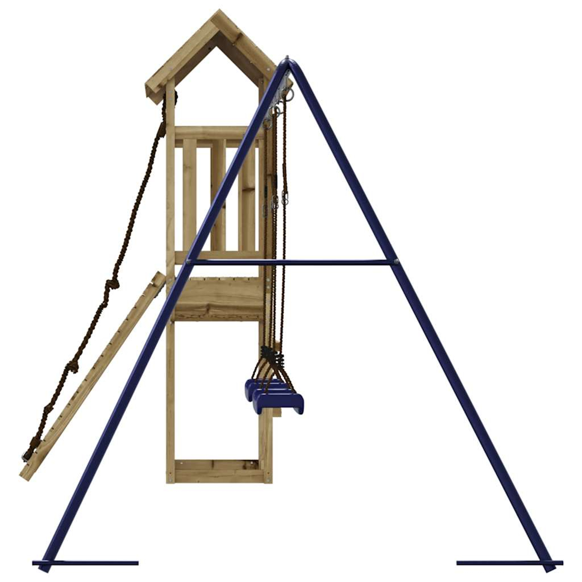 Holzspielhaus mit Rutsche und Schaukeln; blaue Schaukelsitze und -rahmen.