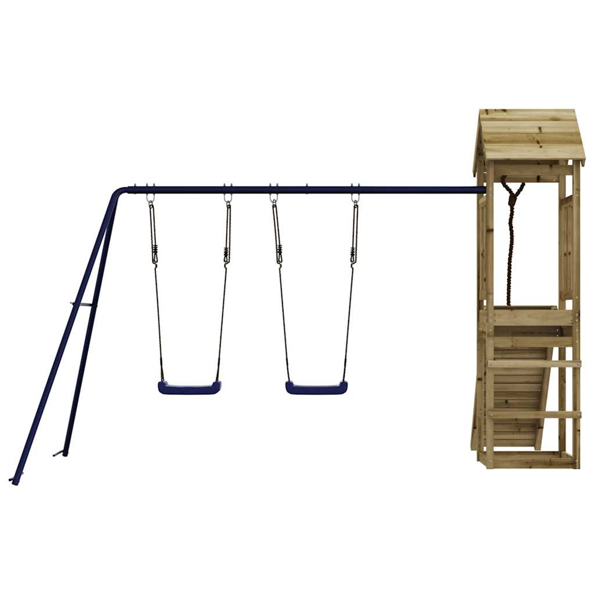 Spielplatz mit blauen Schaukeln und Holzturm mit Strickleiter.
