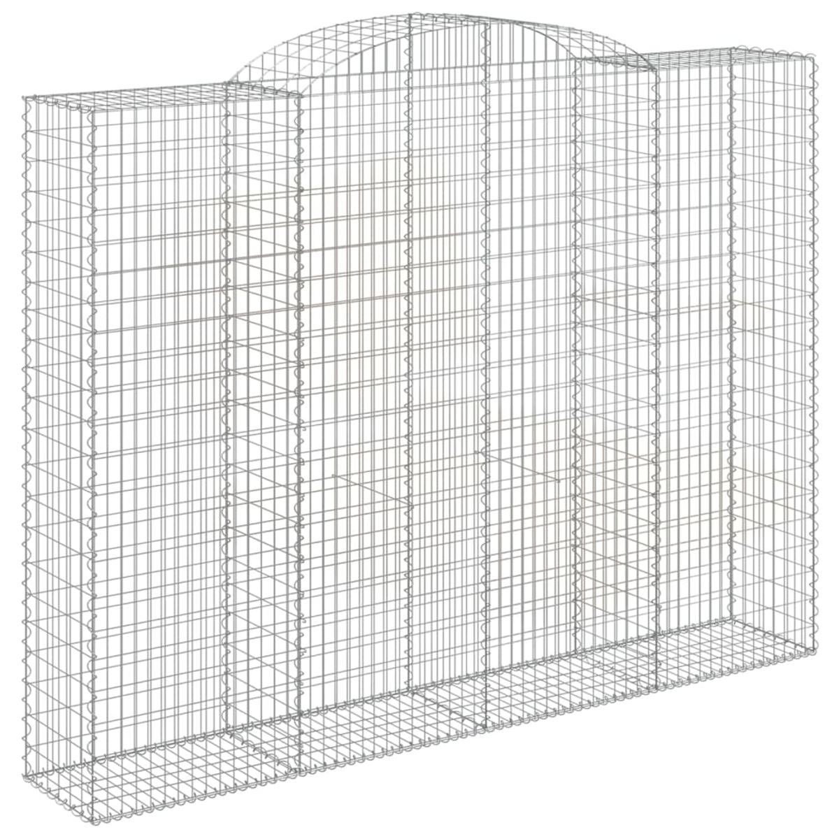 Ein großer Gabion mit abgerundeter Oberseite, vor weißem Hintergrund, zum Befüllen mit Steinen bereit.