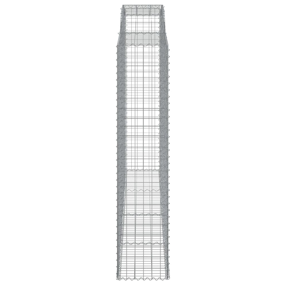 Ein hoher, rechteckiger Metall-Gabion, auf weißer Oberfläche stehend, zum Befüllen mit Steinen bereit.