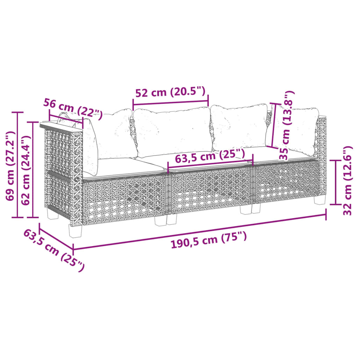 Schema del divano in rattan nero con dimensioni in cm e pollici.