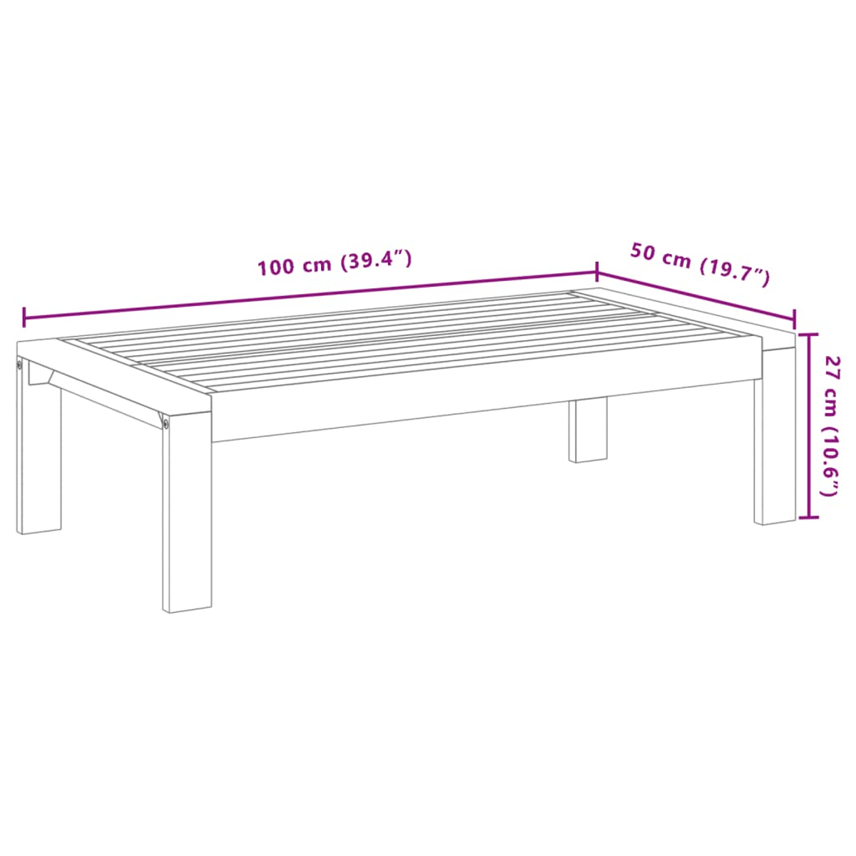 Tavolo in legno con dimensioni visualizzate. Sfondo bianco.