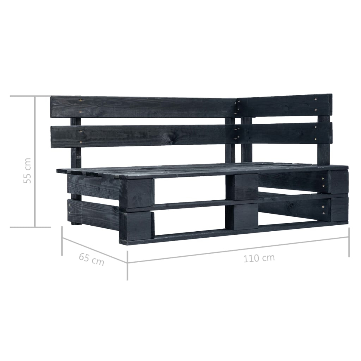 Schwarzes Ecksofa mit Maßangaben in cm.