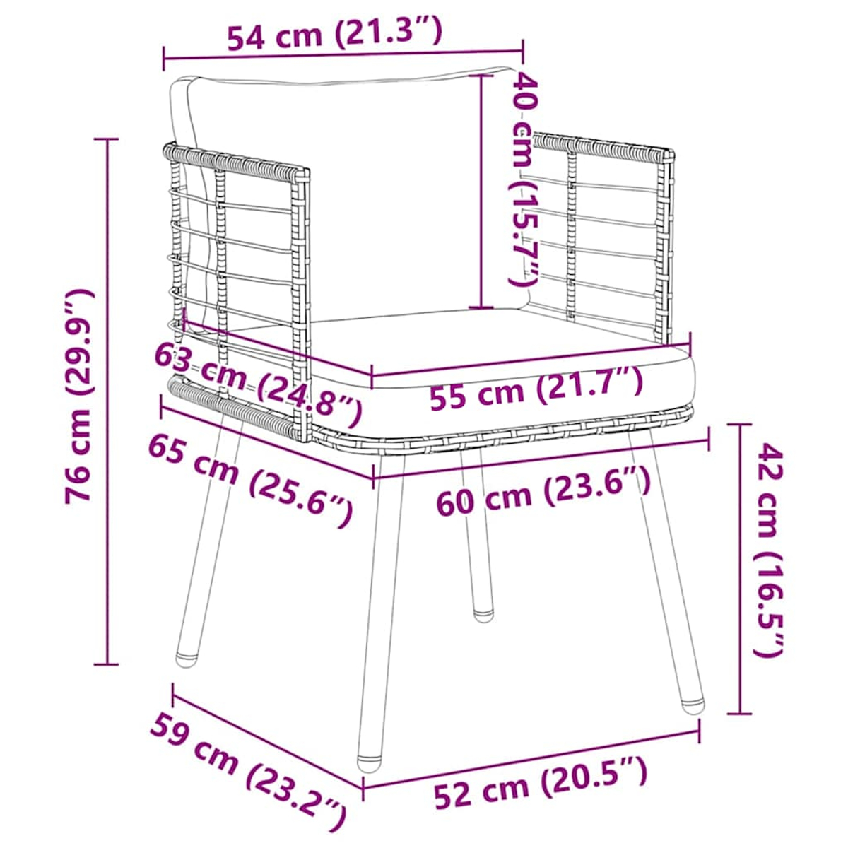 Ein Stuhl mit den Maßen 76 cm x 63 cm x 55 cm. Der Stuhl hat eine gepolsterte Sitzfläche.