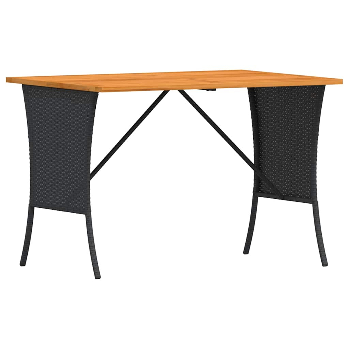Tavolo rettangolare con gambe in rattan nero e piano in legno. Design semplice.