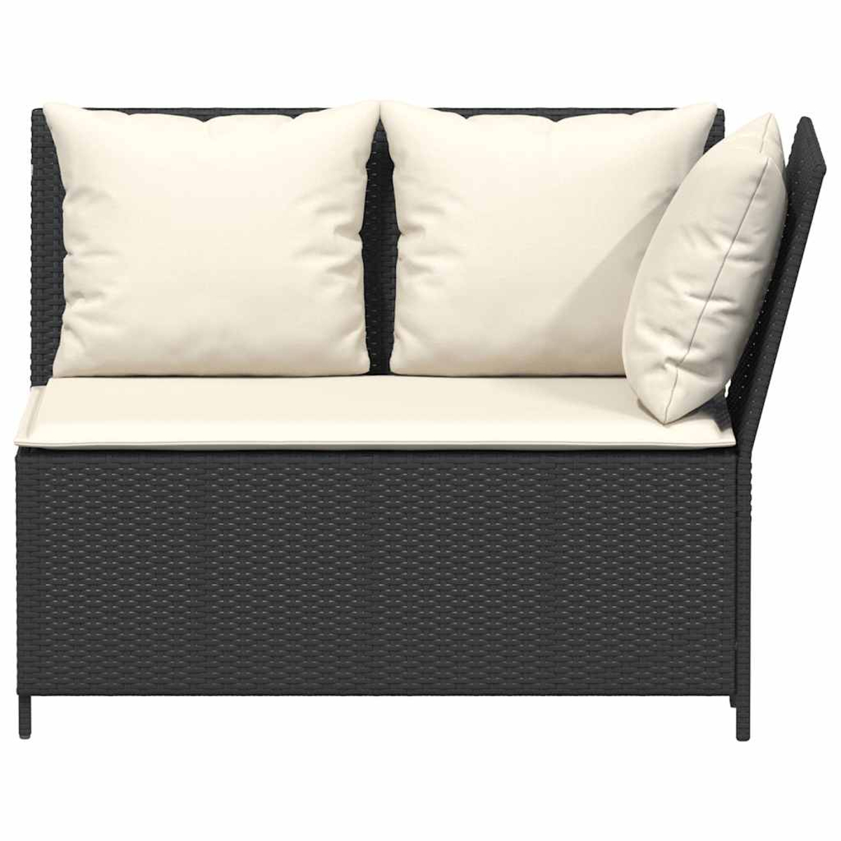 Divano in rattan nero con cuscini bianchi. Un singolo cuscino angolato. Cornice nera.