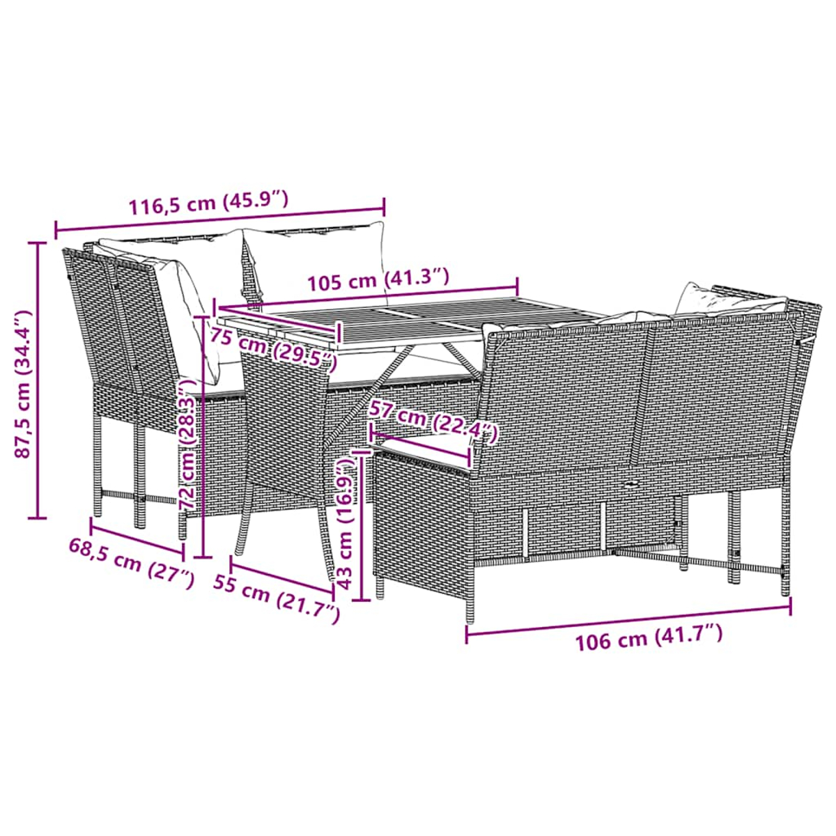 Tavolo in rattan con 4 sedie, cuscini bianchi, dimensioni in cm e pollici.