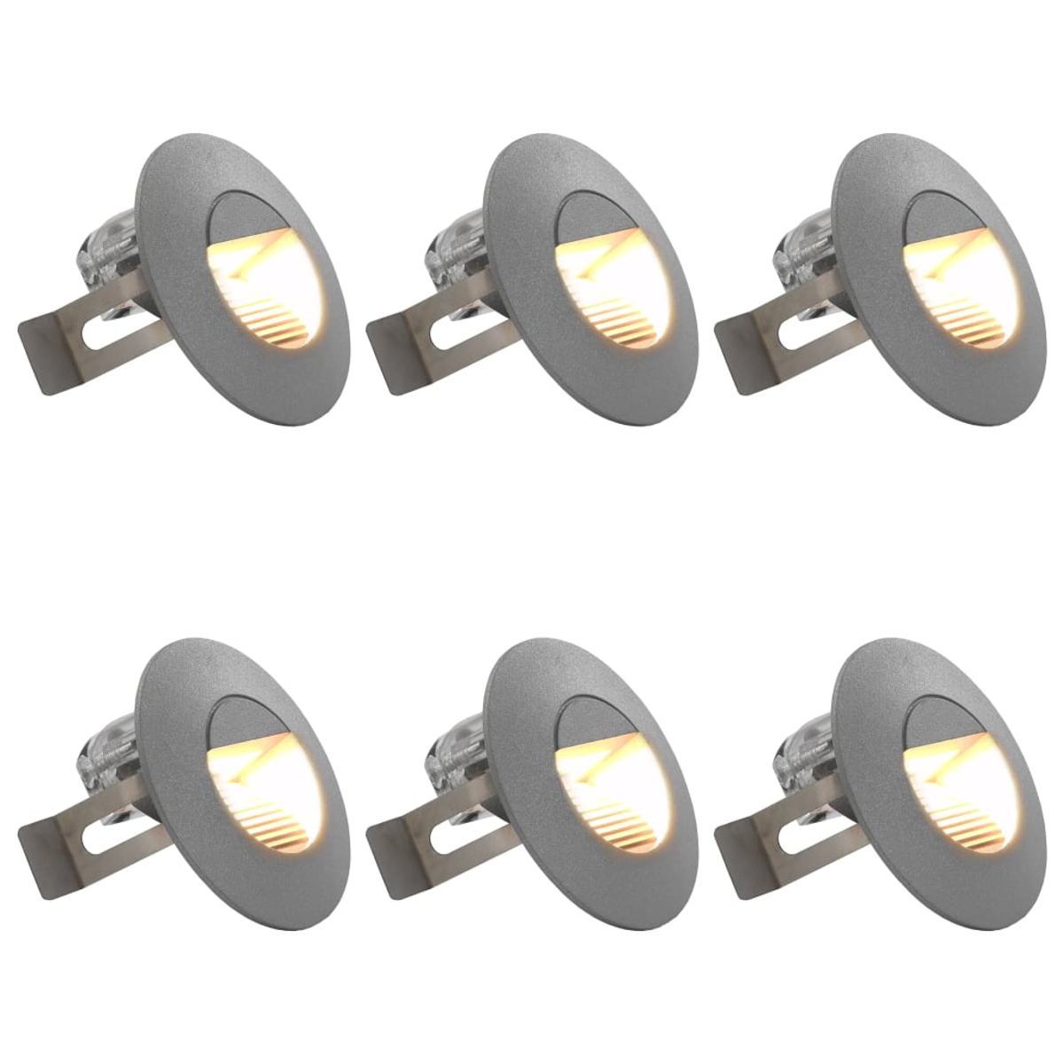 Sechs graue, ovale Leuchten mit hellem, warmem Licht und Metallhalterungen vor weißem Hintergrund.