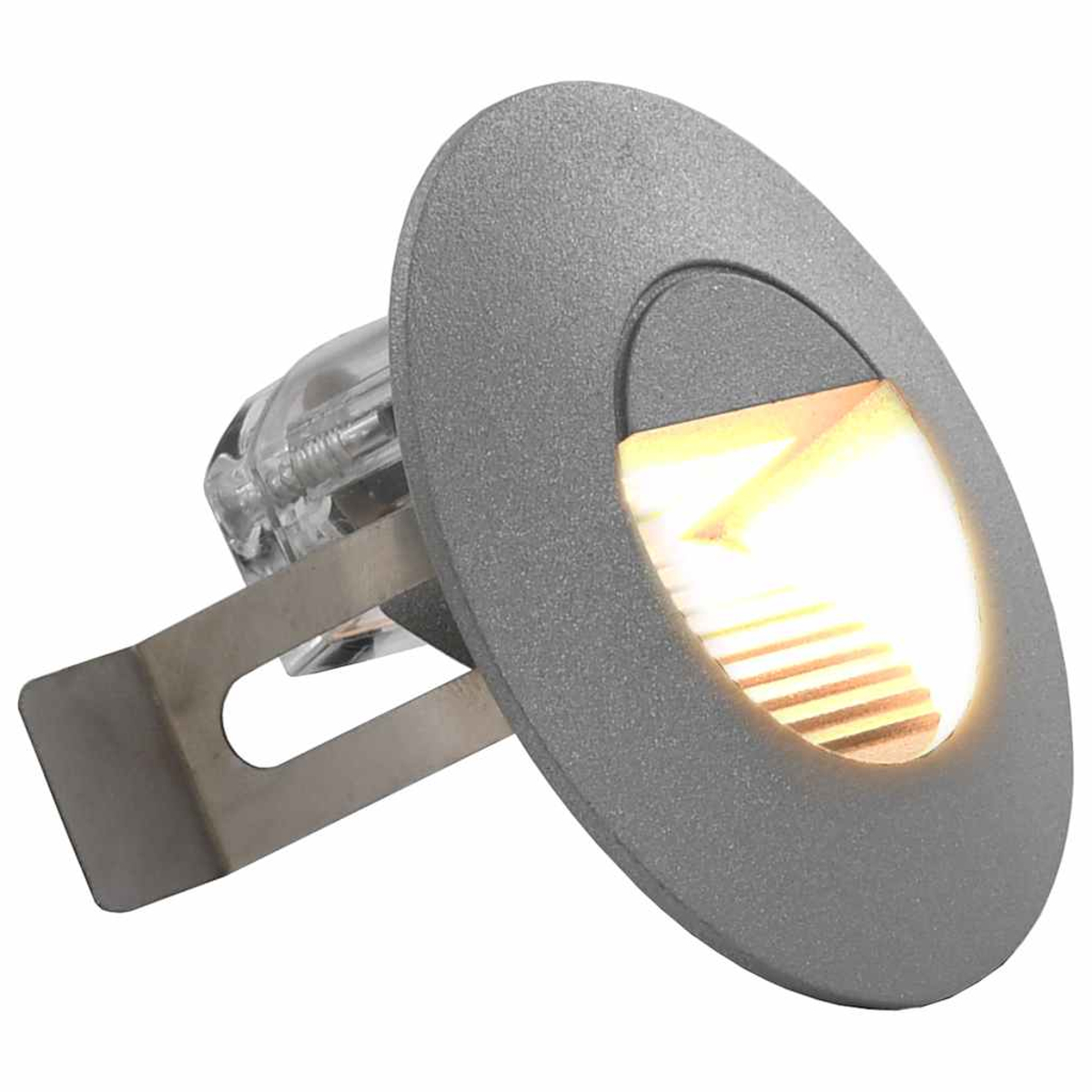Eine graue Einbauleuchte. Oval geformt, mit klarer Linse.