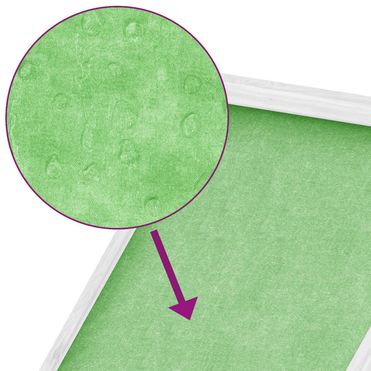 Nahaufnahme von grünem Material. Kreisförmiges Detail mit Wassertropfen.