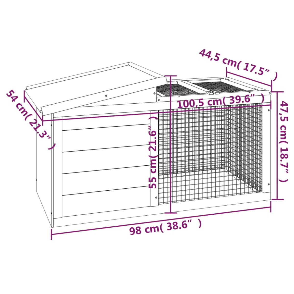 Diagramm eines Kaninchenstalls mit Abmessungen in Zentimetern und Zoll.