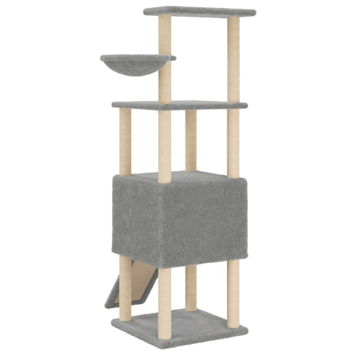 Grauer Katzenbaum mit mehreren Plattformen, einer Schale und Kratzbäumen. Beige Säulen.