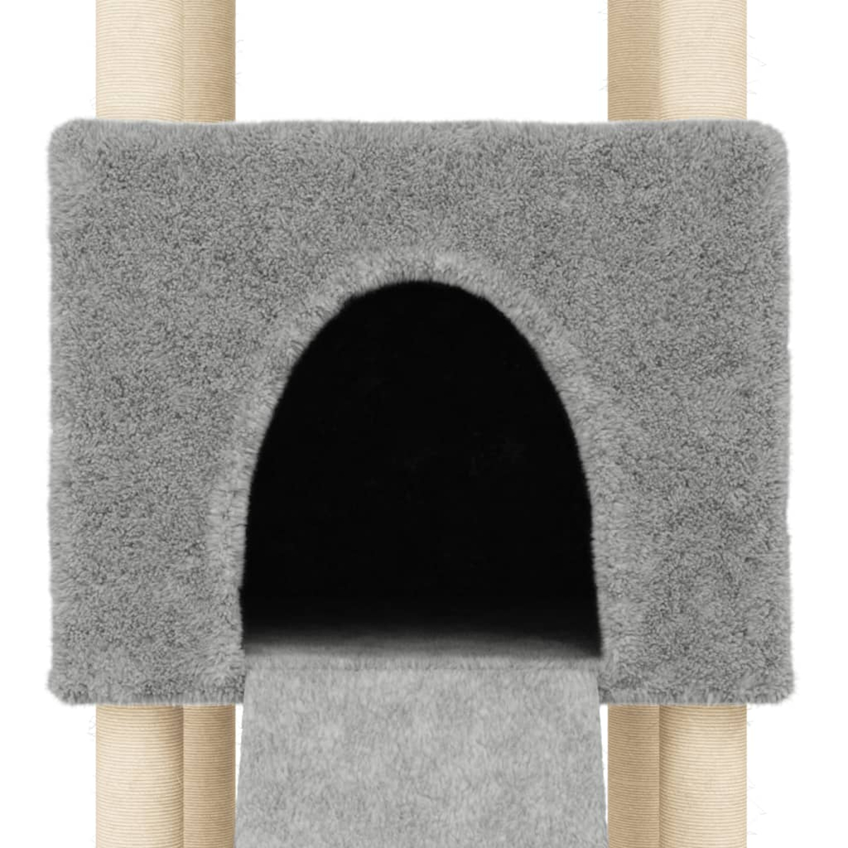 Grauer Katzenbaum mit Höhle, beigen Säulen und weißem Hintergrund.
