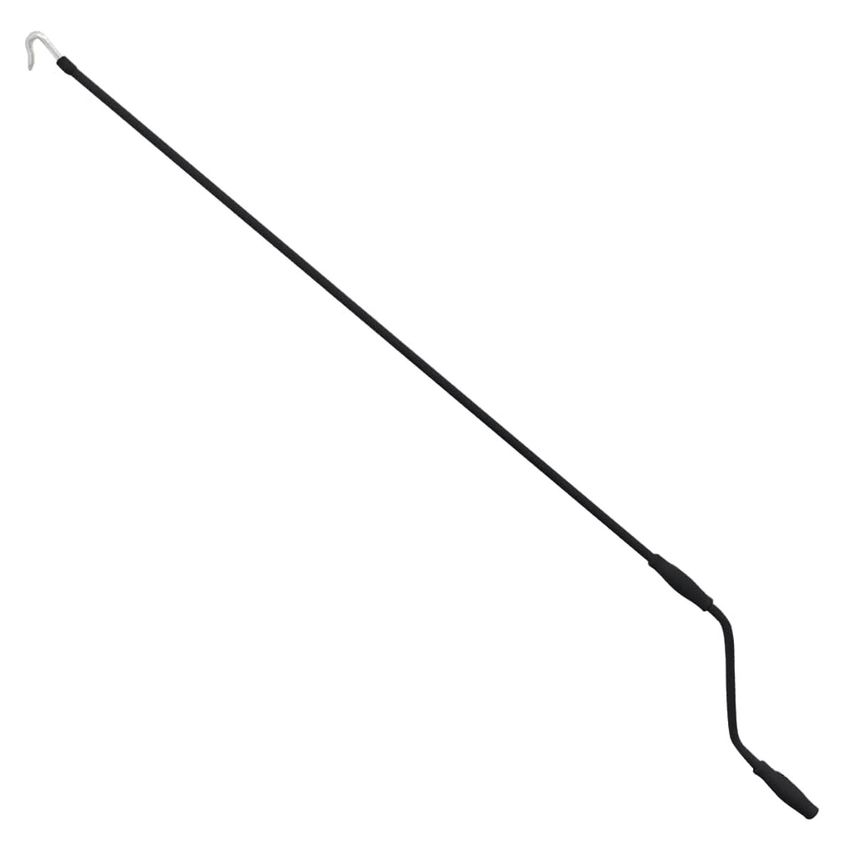 Eine schwarze Kurbel für eine Markise. Sie hat einen Haken an einem Ende und einen Griff am anderen.