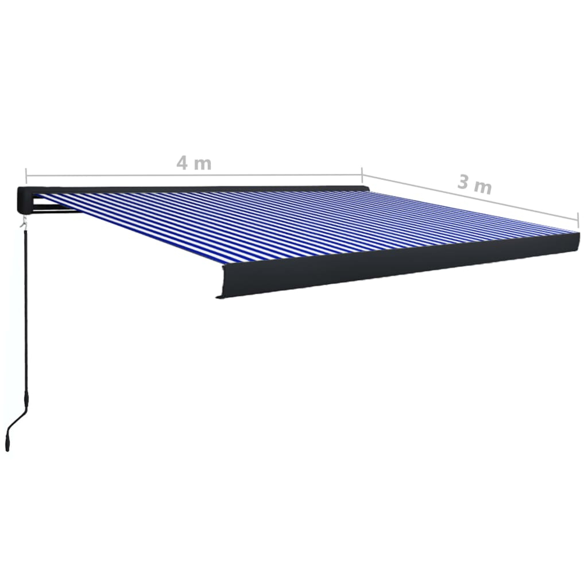 Eine ausgefahrene Markise mit blau-weißen Streifen. Abmessungen: 4m x 3m.