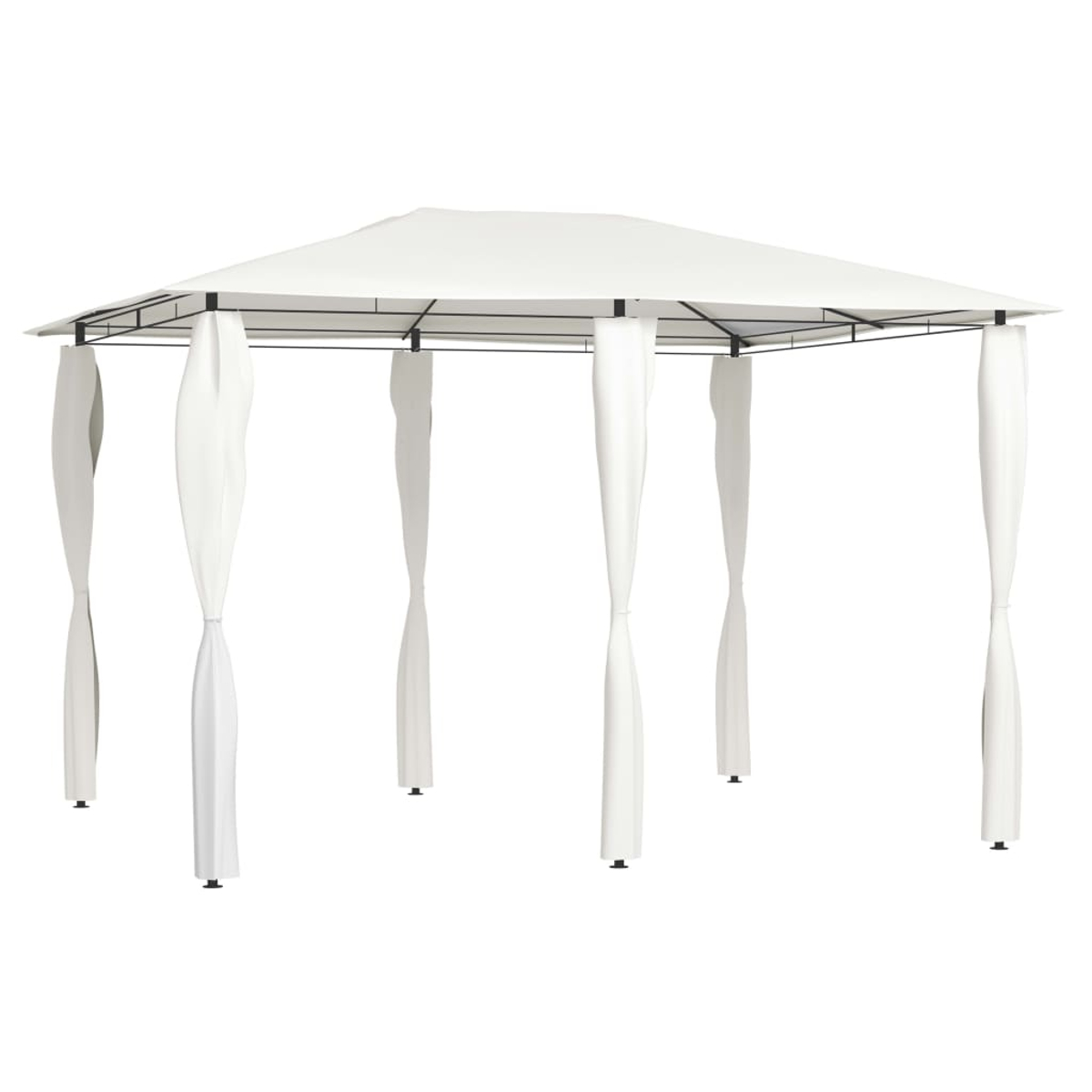 Weißer Pavillon mit Vorhängen. Quadratische Form, vier Beine und ein flaches Dach. Isoliert auf Weiß.