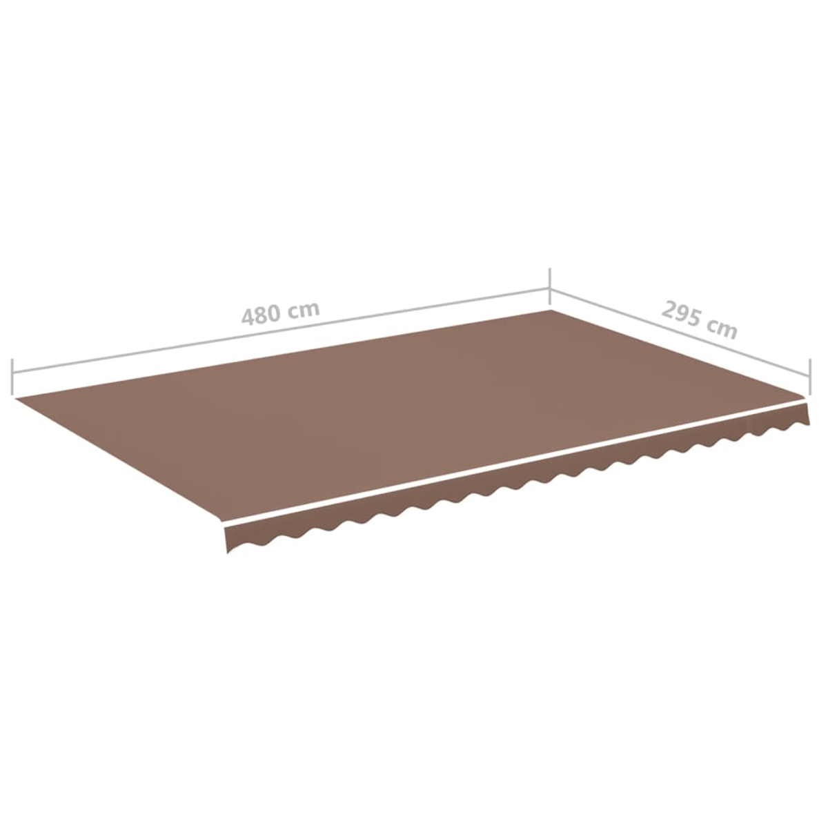 Braune Markise mit den Maßen 480 cm x 295 cm. Gewellter Rand. Isoliert auf Weiß.