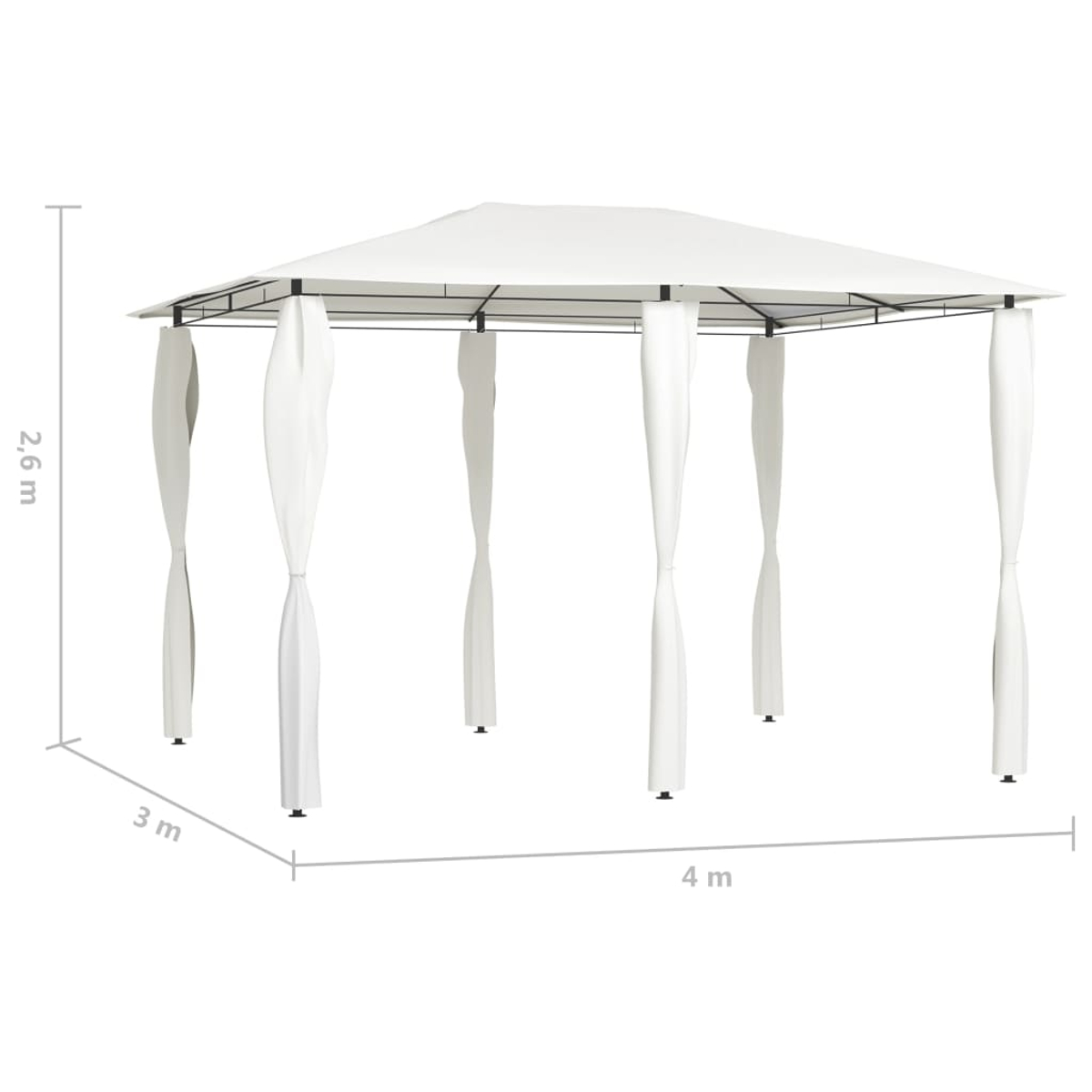 Weißer Pavillon mit Maßen. 2,6 m Höhe, 3 m x 4 m Grundfläche. Vorhänge. Isoliert.