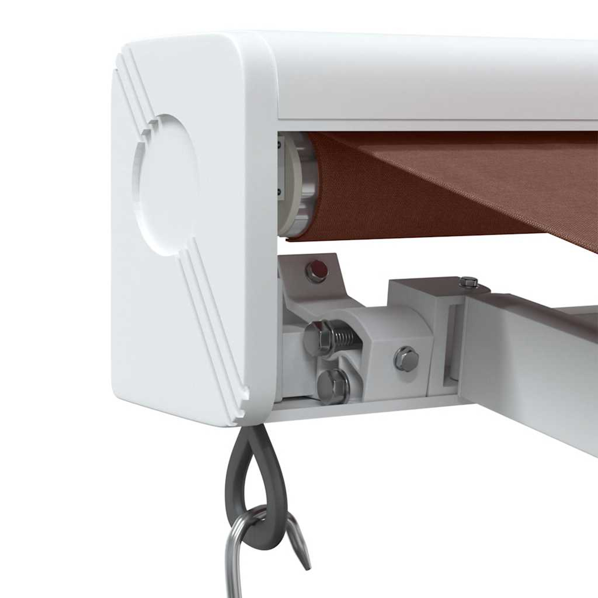 Primo piano del meccanismo della tenda da sole. Cornice bianca, tessuto marrone e parti metalliche visibili.