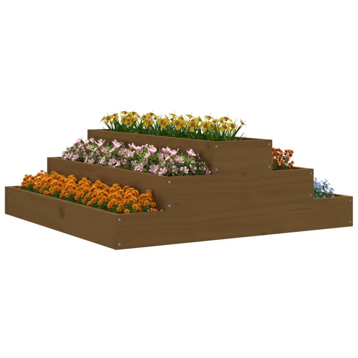 Brauner, gestufter Holzpflanzer mit bunten Blumen gefüllt. Verschiedene Arten, angeordnet.