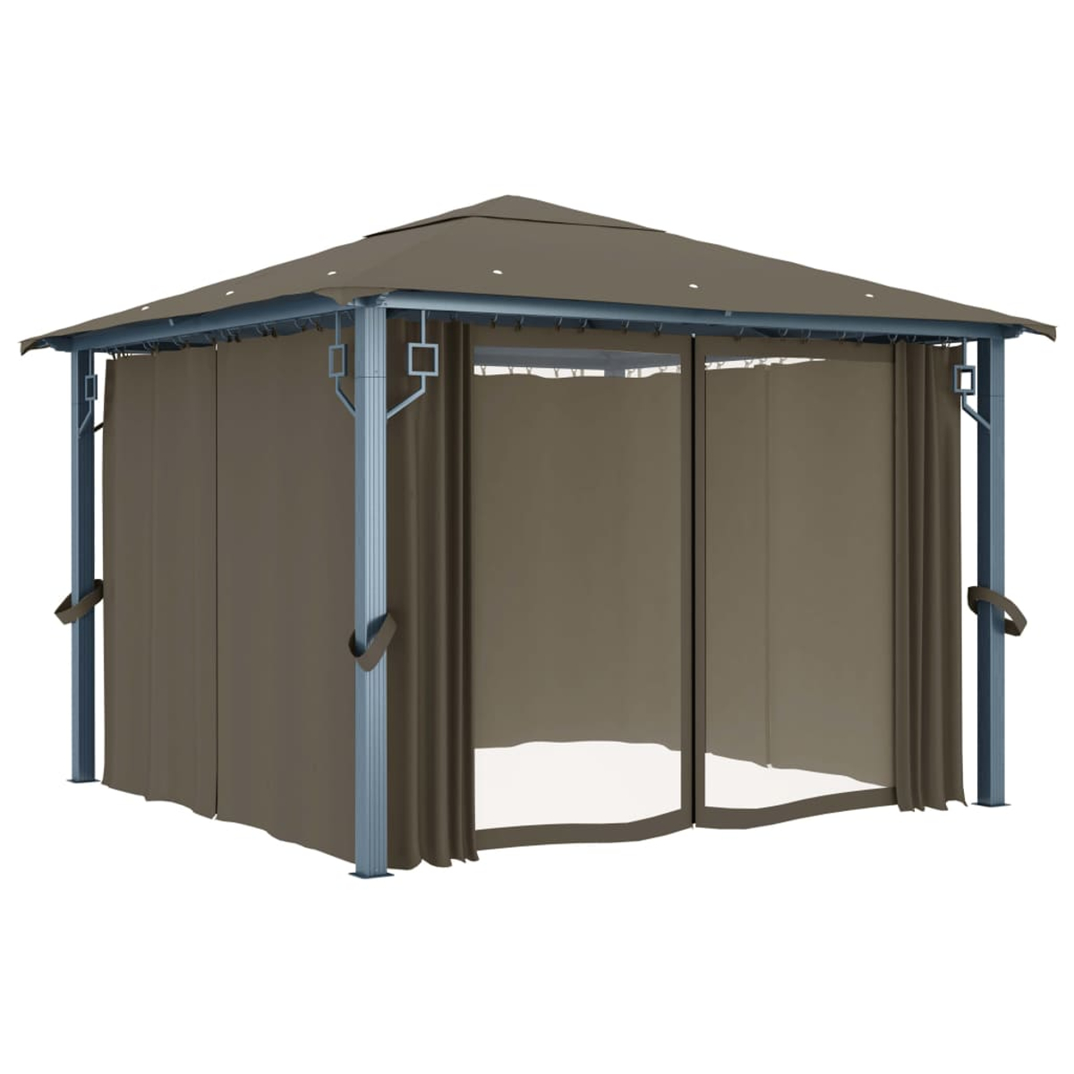 Brauner Pavillon mit Vorhängen und Metallrahmen.