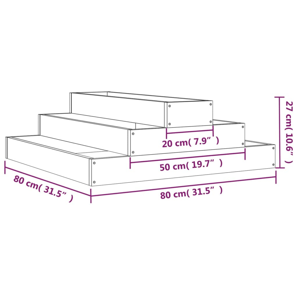 Abmessungen eines gestuften Pflanzgefäßes. 80 cm, 50 cm, 20 cm und 27 cm.