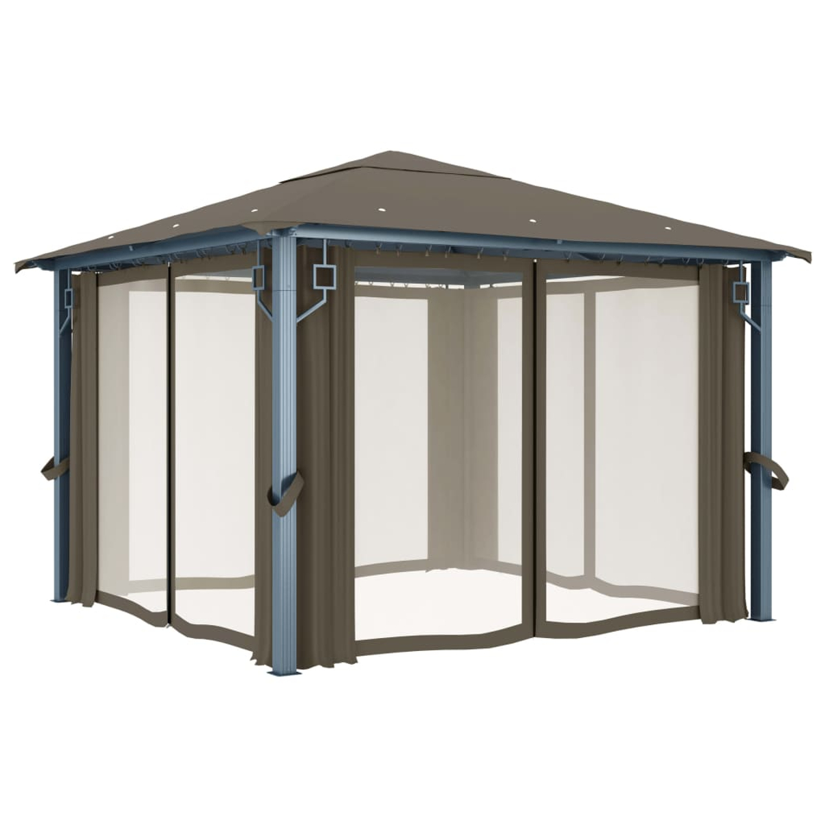 Brauner Pavillon mit Vorhängen und Metallrahmen.