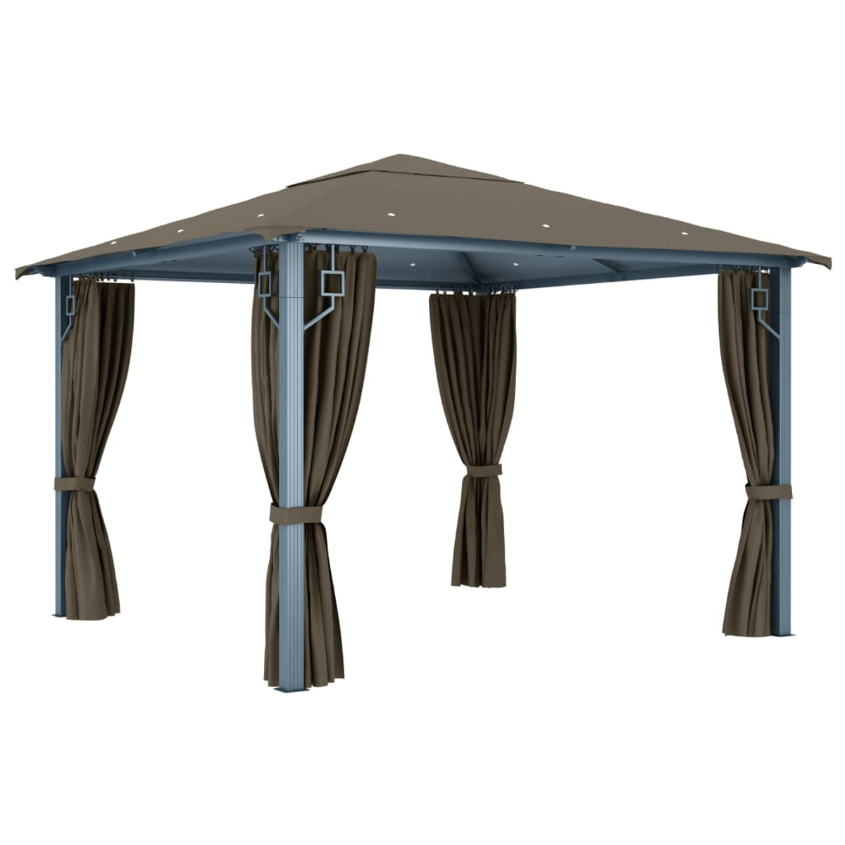 Pavillon mit zurückgebundenen braunen Vorhängen, Metallrahmen und braunem Dach.