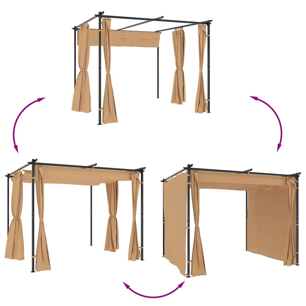 Drei Diagramme, die einen Pavillon mit verschiedenen Vorhanganordnungen zeigen.